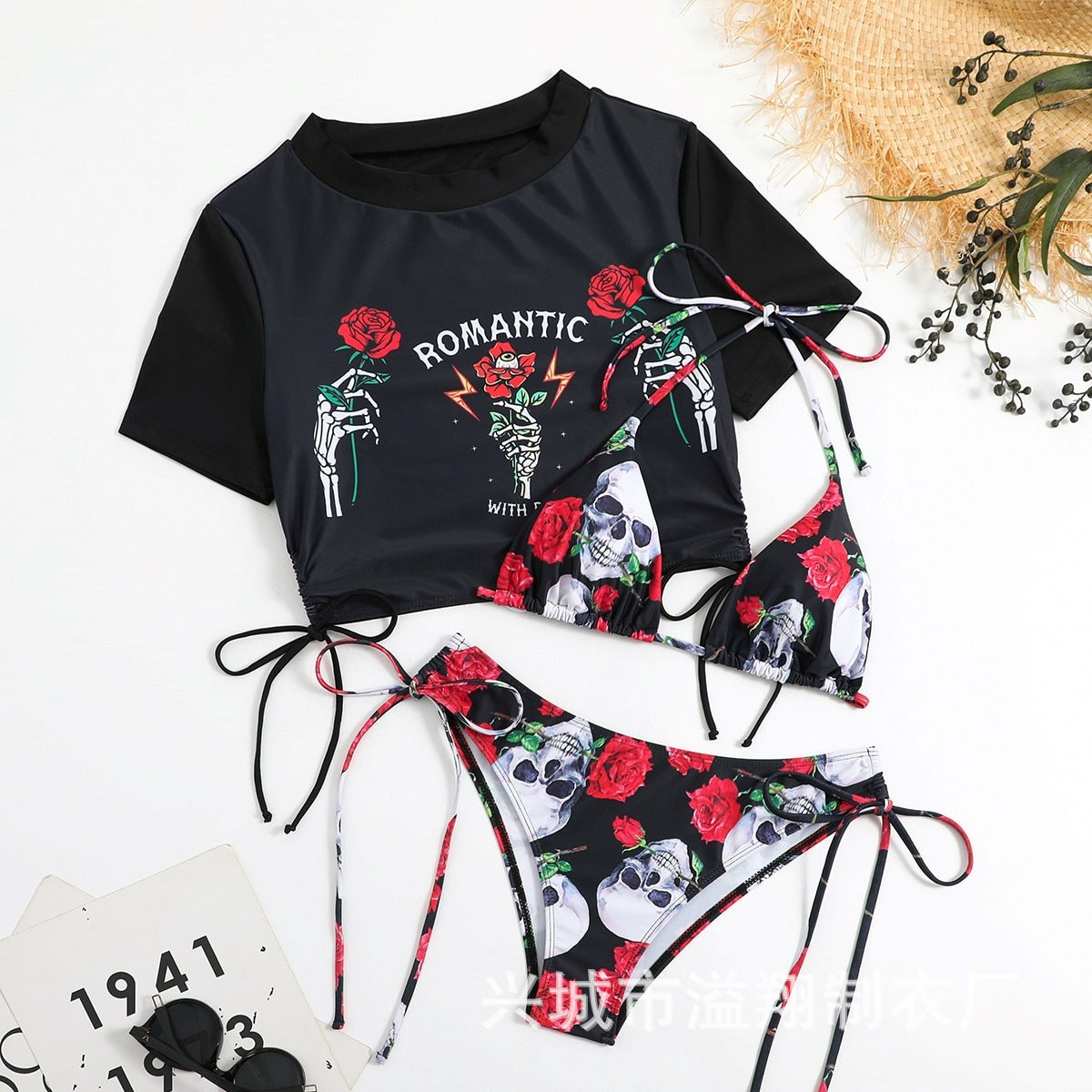 Wholesale Explosions Sexy Ladies Swimsuit Three-piece Set Rose Skull Fixed Edition Printing